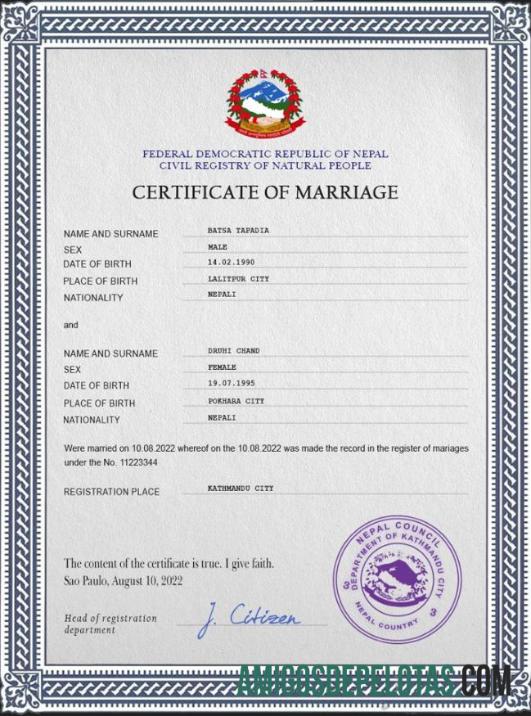 Realista modelo PSD de certidão de casamento no Nepal